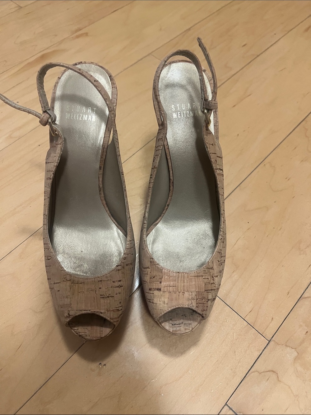 Stuart Weitzman Cork Peep-Toe Slingback Wedges in Natural Cork
